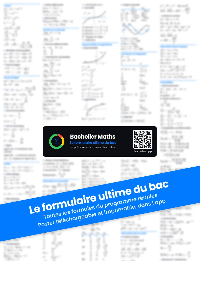 Aperçu flouté du formulaire du bac de maths : une page A4 couverte de formules en colonnes serrées, barrée du bandeau Le formulaire ultime du bac