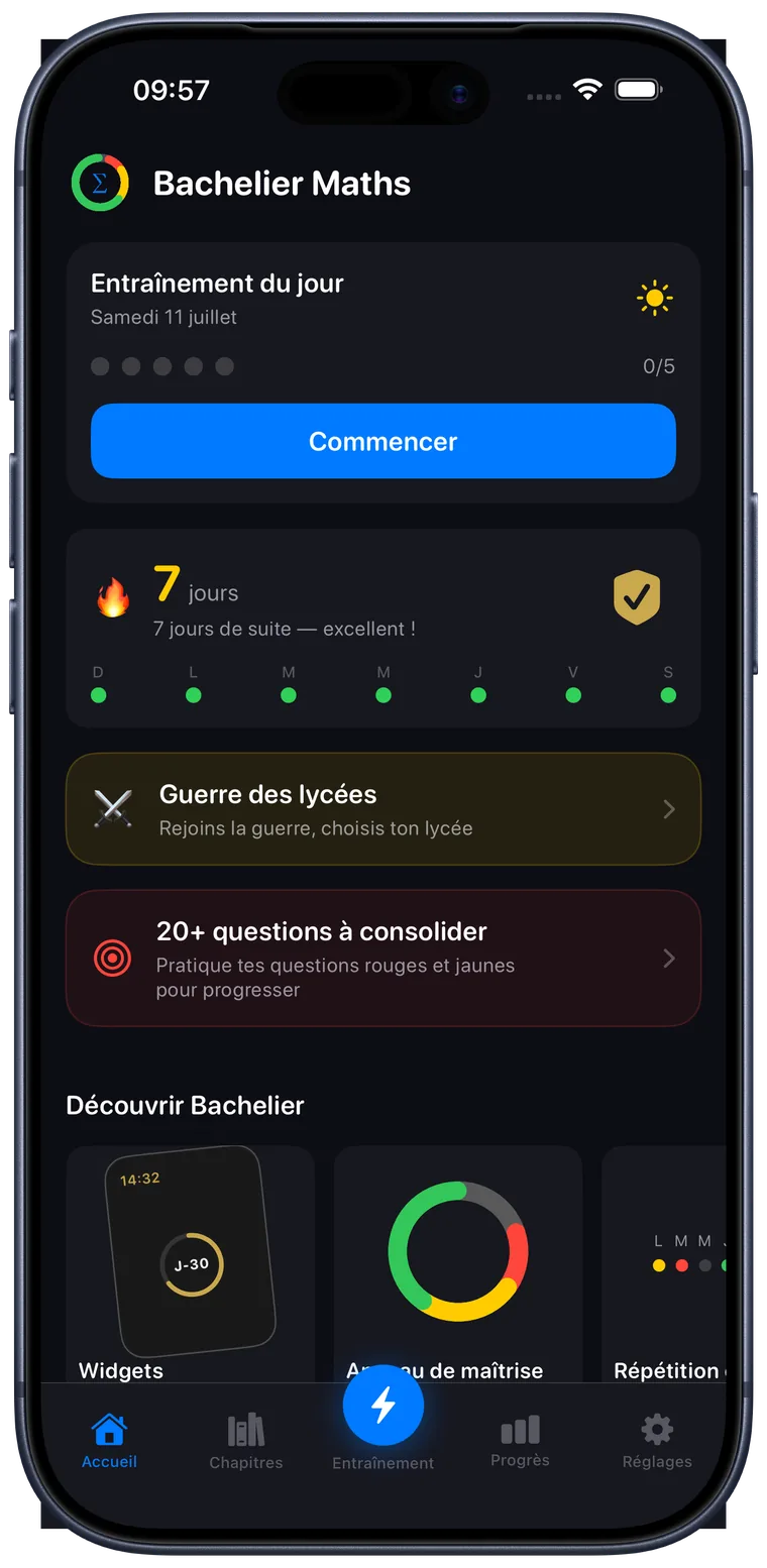 L'écran d'accueil de Bachelier Maths sur iPhone : entraînement du jour, série de 7 jours et anneaux de maîtrise